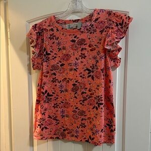 LOFT Coral Floral Ruffle Sleeve Top